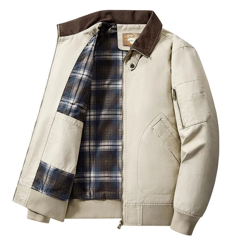 Men's plus size washed cotton baseball flight jacket in beige colour