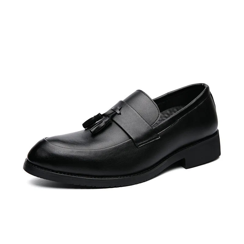 Men's black and brown tassel loafers slip-on business casual shoes with pointed toe and rubber sole