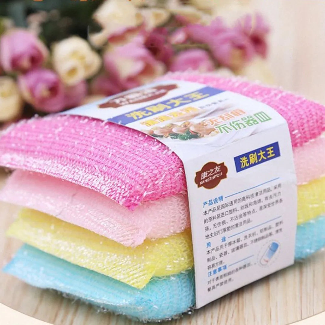 Pinstripe fabric dishwashing sponge mop in mixed macaron colours showing 12cm by 8.5cm dimensions