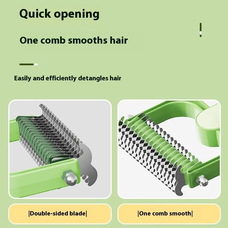 Green and grey pet hair unknotting comb for dogs with stainless steel teeth on a plastic handle.