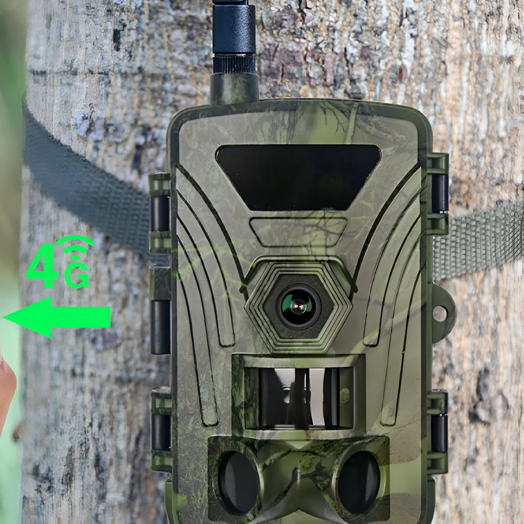 Green outdoor wildlife monitoring camera with 2.0 inch LCD screen, 145 x 95 x 74mm, waterproof body