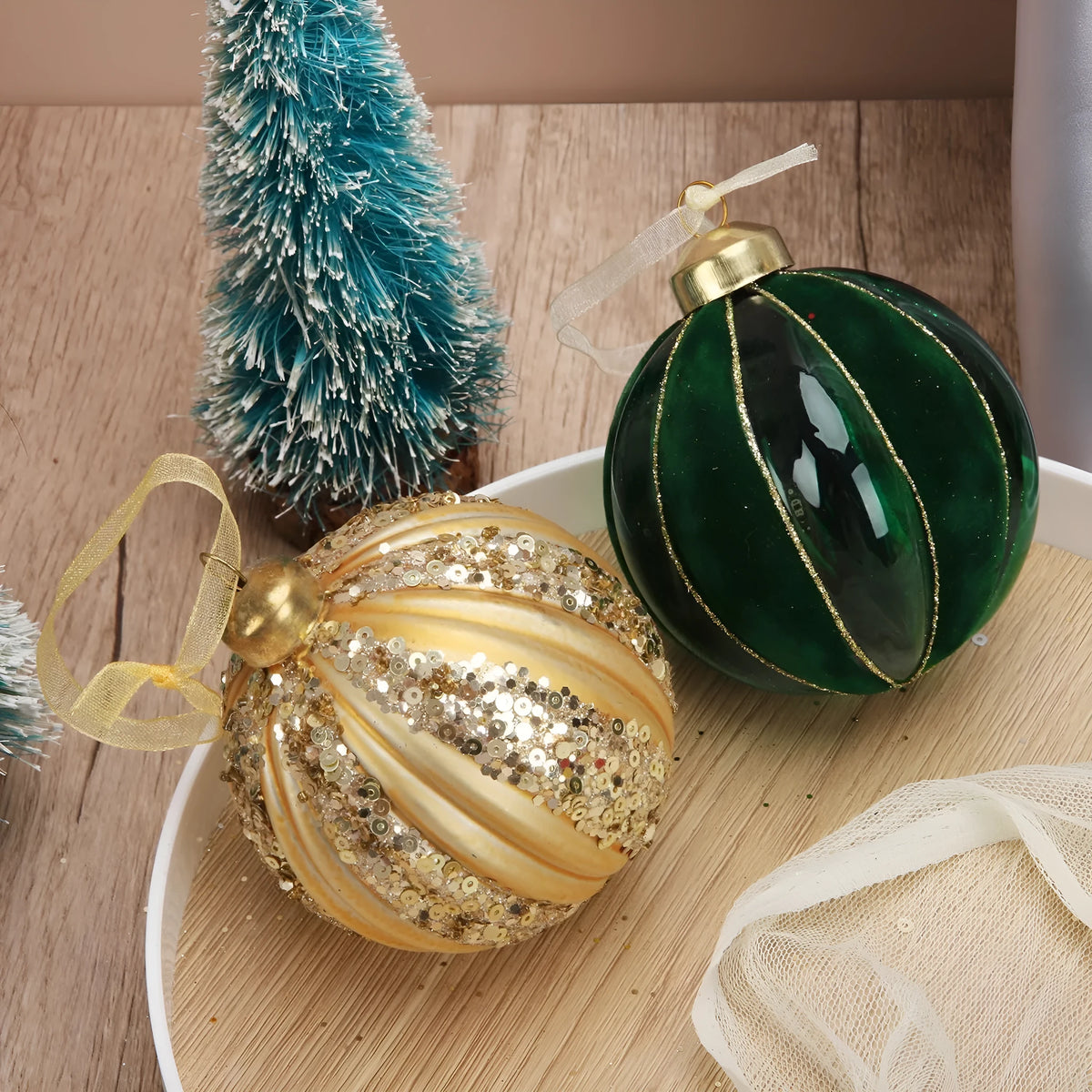 Green and yellow striped flocking Christmas glass ball decoration, 80mm mosaic geometric blown glass ornament