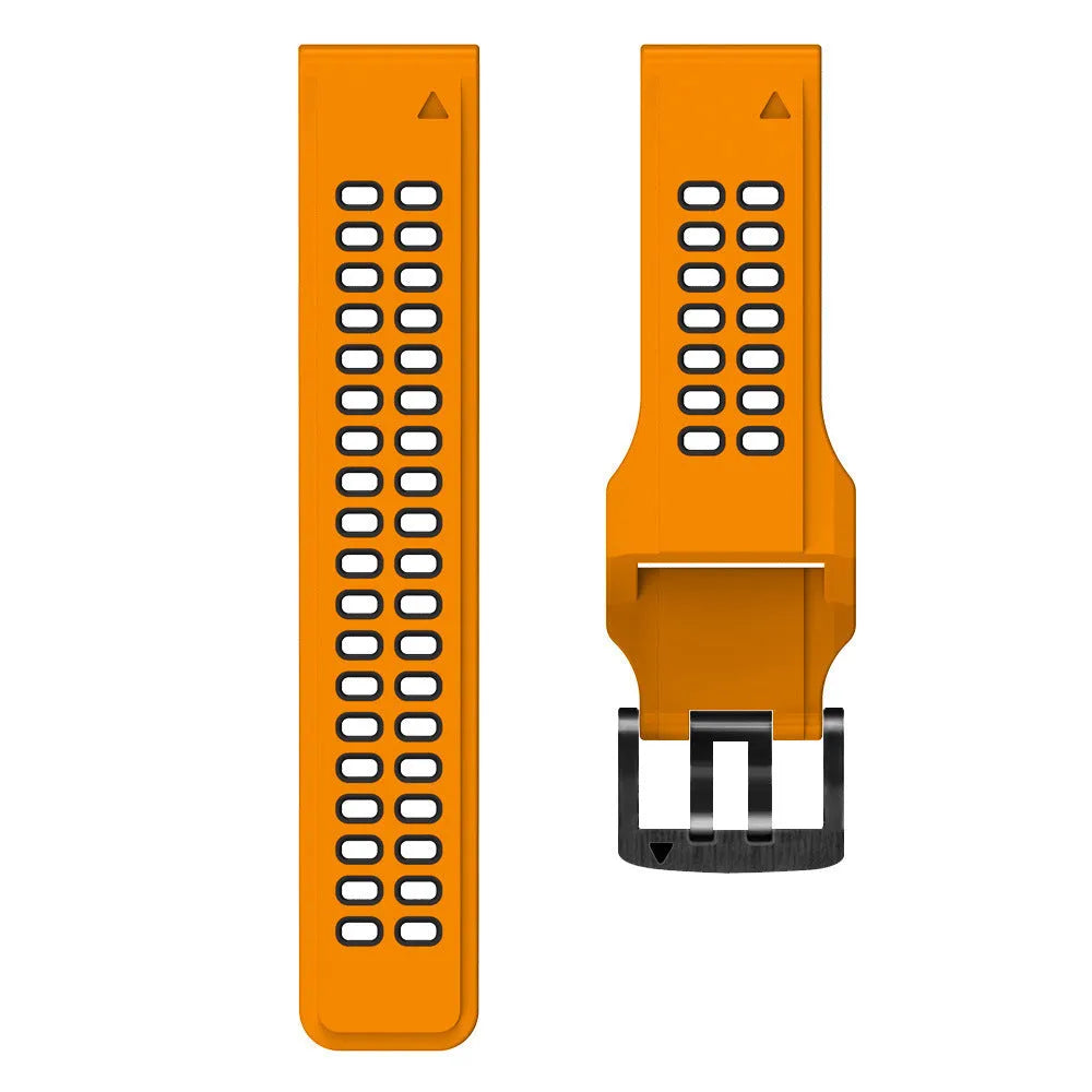 Two-colour silicone watch strap with quick-release pins showing black and orange combination on 22mm width