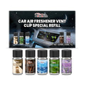 Five 10ml car air freshener bottles in vent clip refill pack with different scent labels