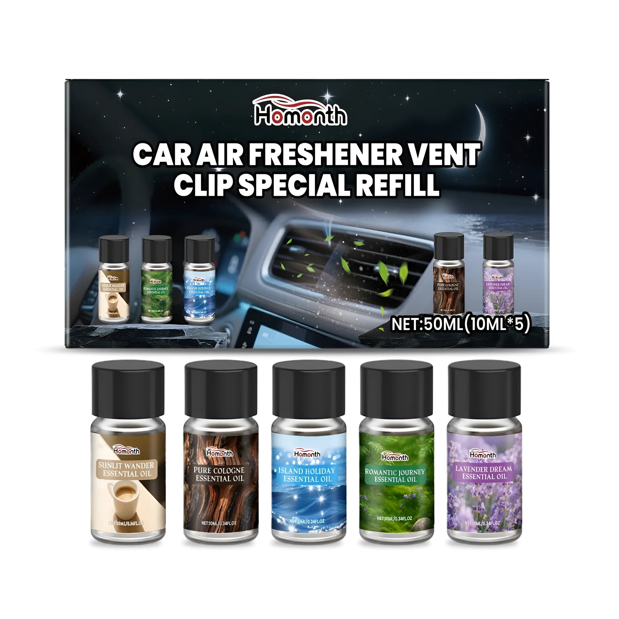 Five 10ml car air freshener bottles in vent clip refill pack with different scent labels