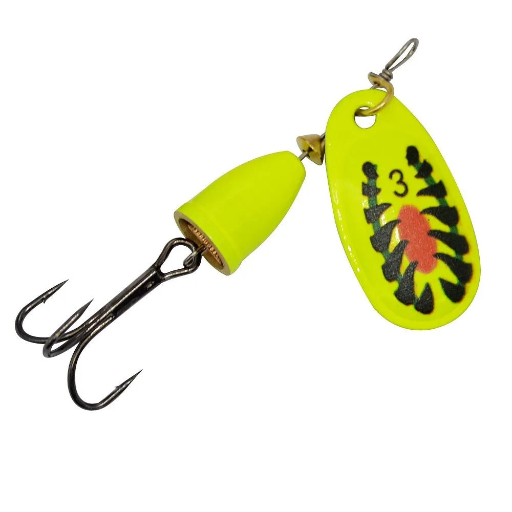 Composite rotating sequins copper bell metal fishing lure in seven colour options on a blue background.