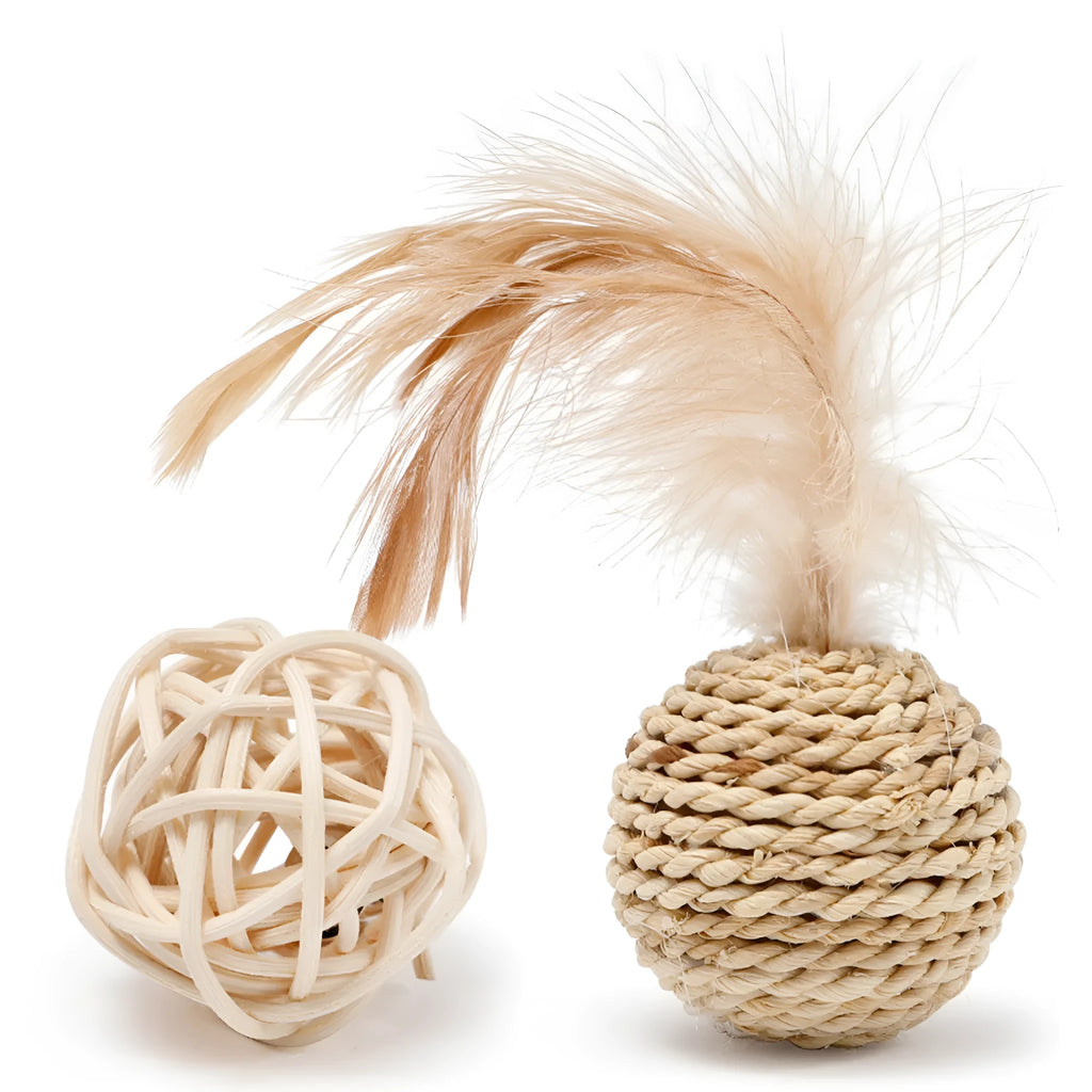 Set of two cat toys: hollow rattan ball and faux feather bell ball with bell for kitten play.