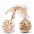 Set of two cat toys: hollow rattan ball and faux feather bell ball with bell for kitten play.