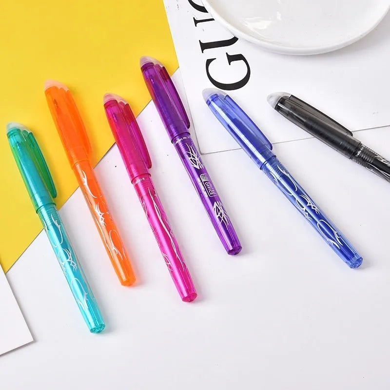 Pack of hot-erasable gel pens with plastic shells and stainless steel tips, showing 0.5mm and 0.7mm nib options.