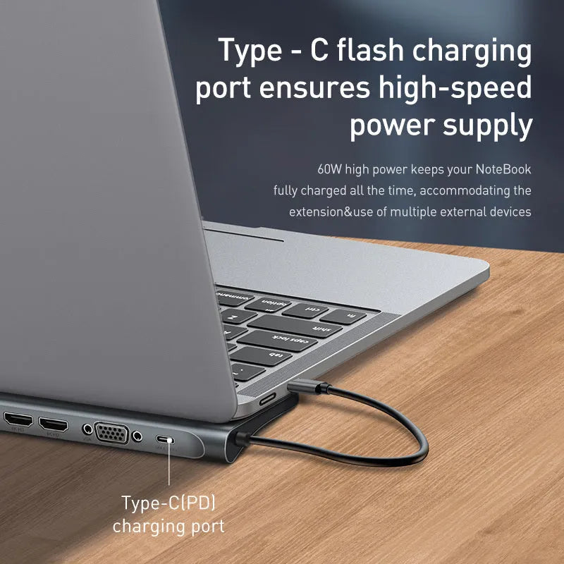 Grey ten-port aluminum alloy docking station with HDMI VGA and Gigabit ports