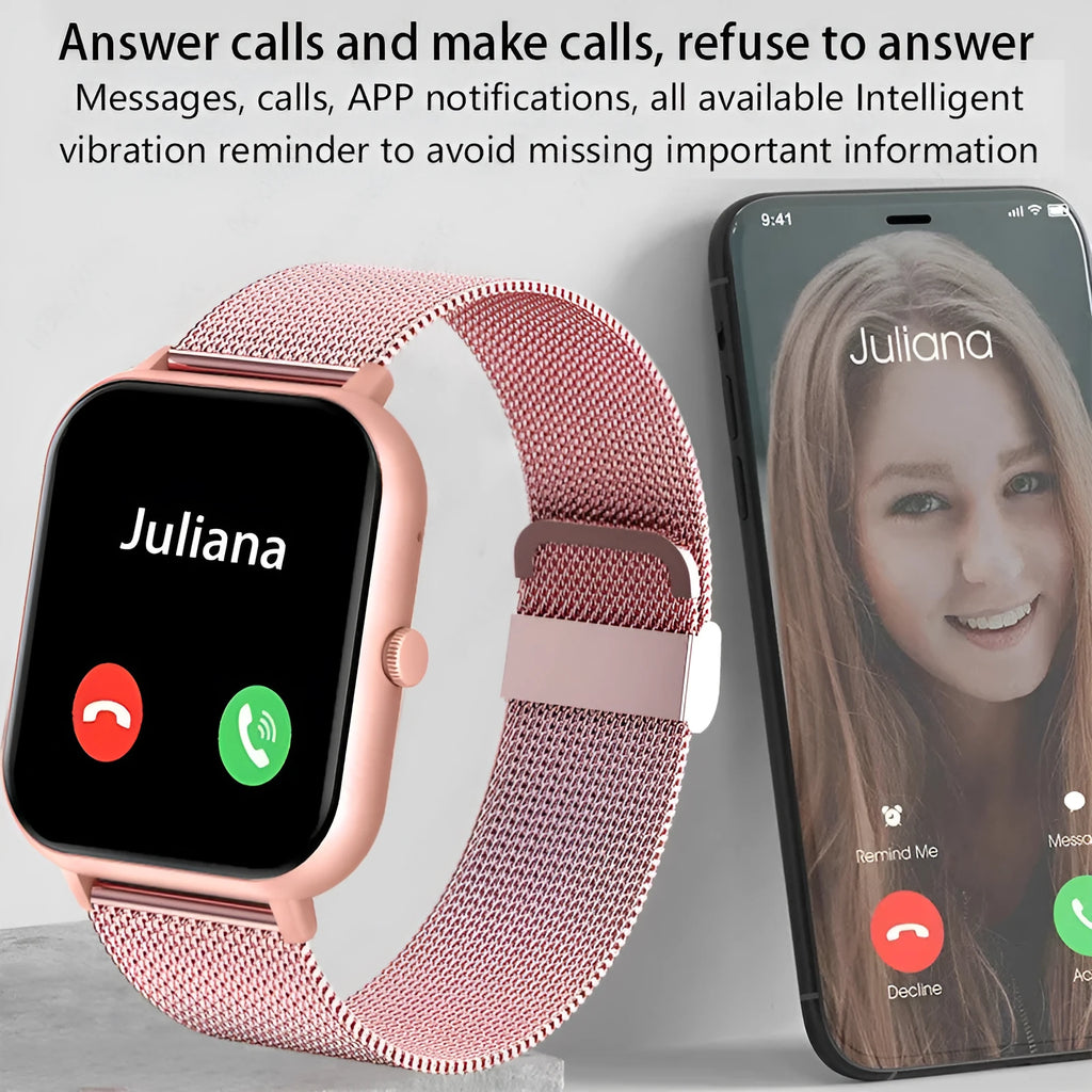 Smart watch with AMOLED screen showing health metrics and call function