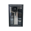 Canister of hair thickening fibre powder with nozzle and bottle of styling spray for thinning hair