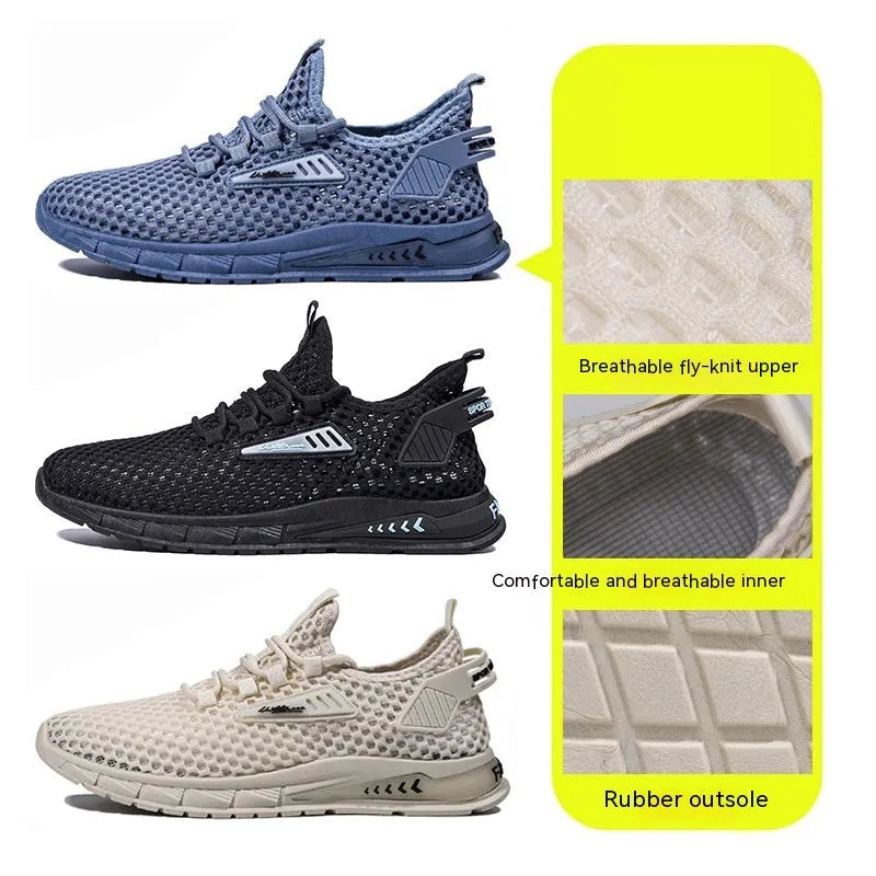 Men's beige mesh breathable sneakers with synthetic leather upper and front lace-up