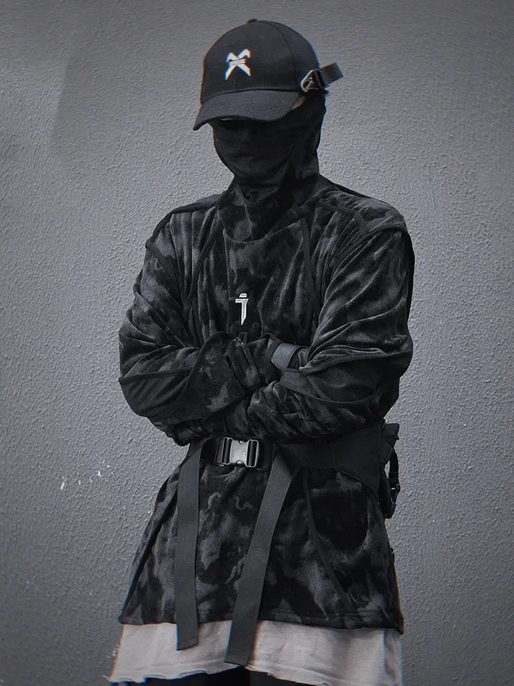 Men's black and grey tie dye pattern sweater with a finger turtleneck collar and drop shoulders.
