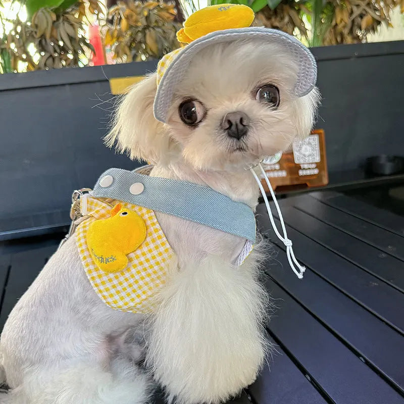 Pet harness and leash set with wire rope pulling components and cute hat cat clothes outfit