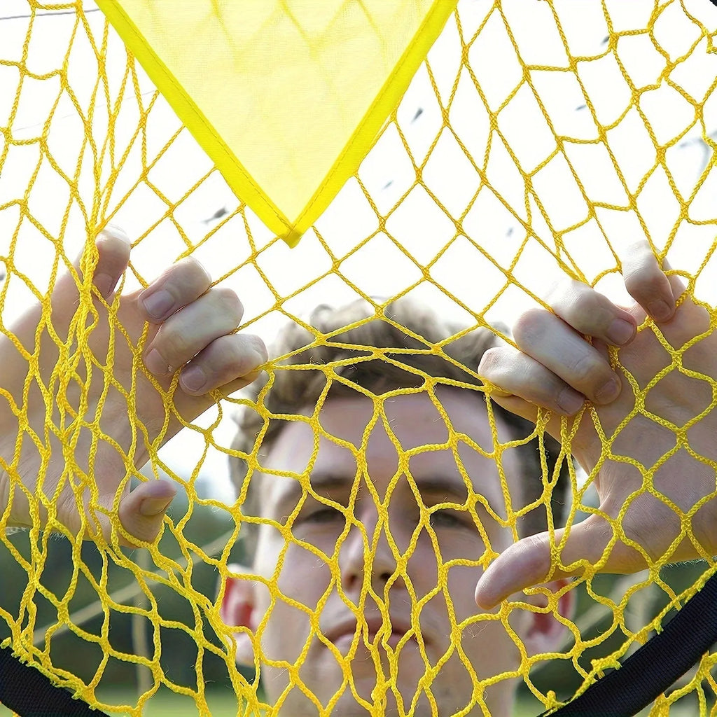 Portable soccer training goal net with adjustable tension system on foldable steel frame