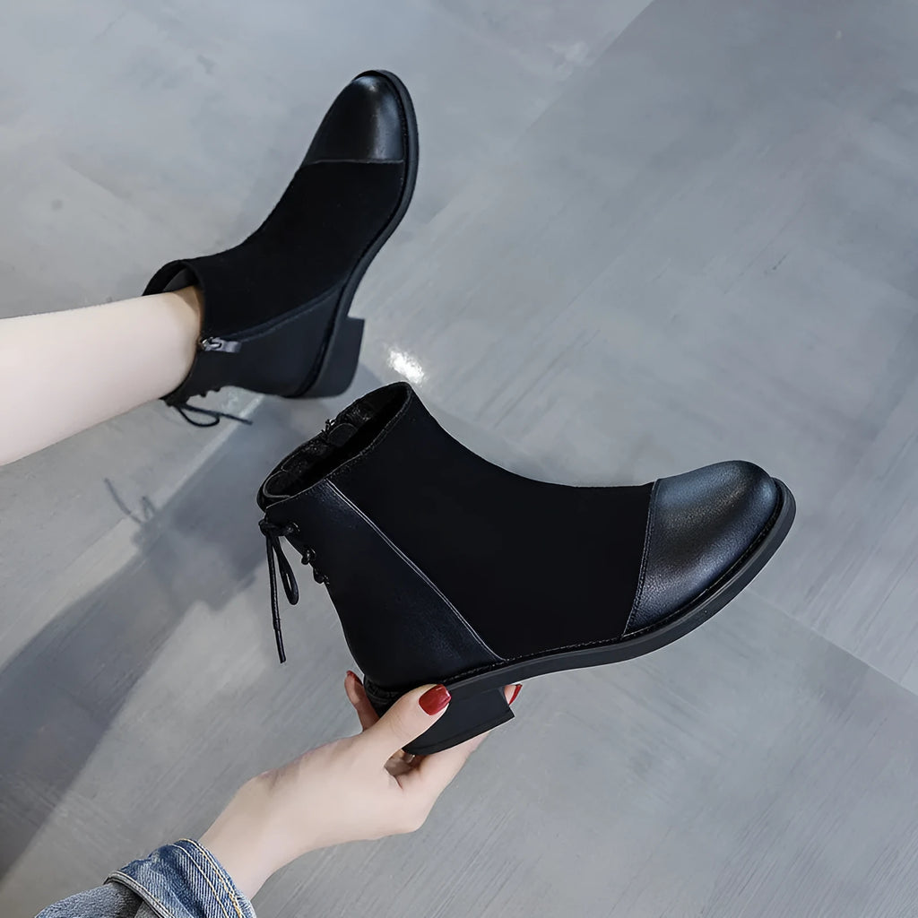 Black women's knee-length Martin boots with side zipper and round toe