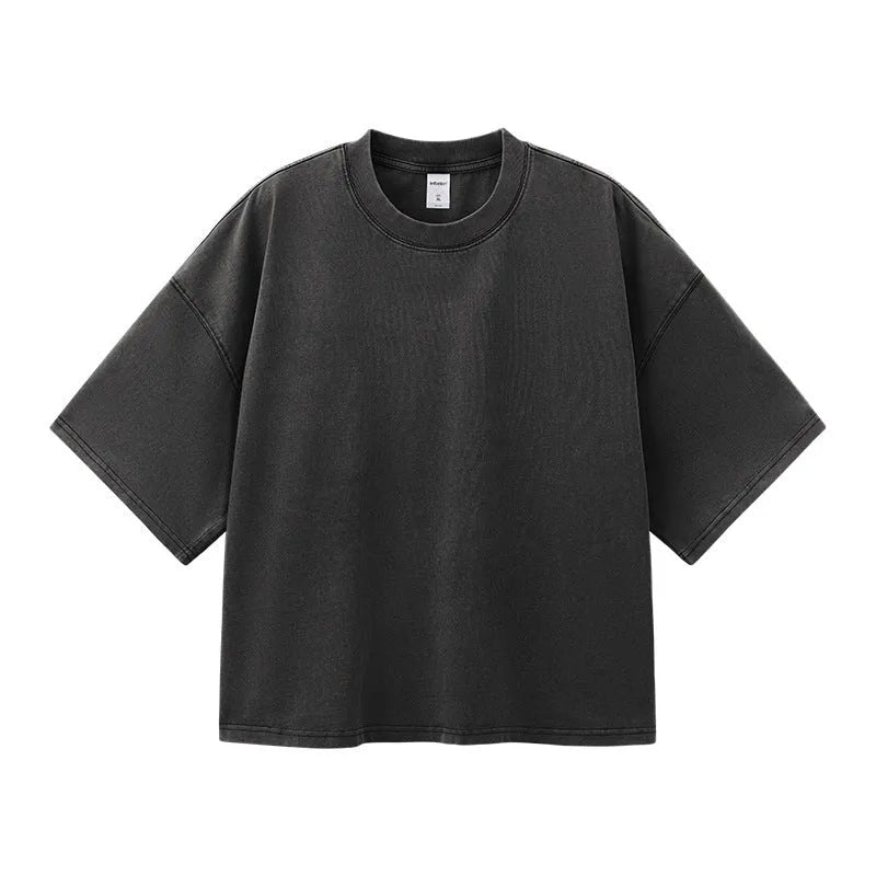 Men's vintage washed cotton T-shirt in loose fit with drop-shoulder sleeves in khaki light colour