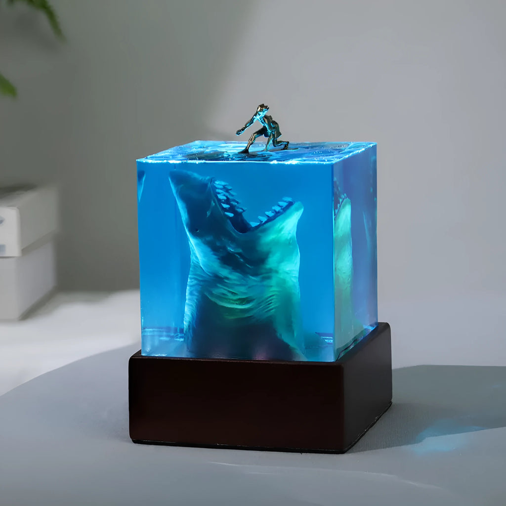 Clear epoxy resin shark surfer night light ornament in 5cm or 8cm size with lamp holder