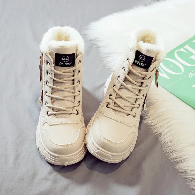 Plus size women's calf-high snow boots with lace-up front and round toe in black, khaki, or white.