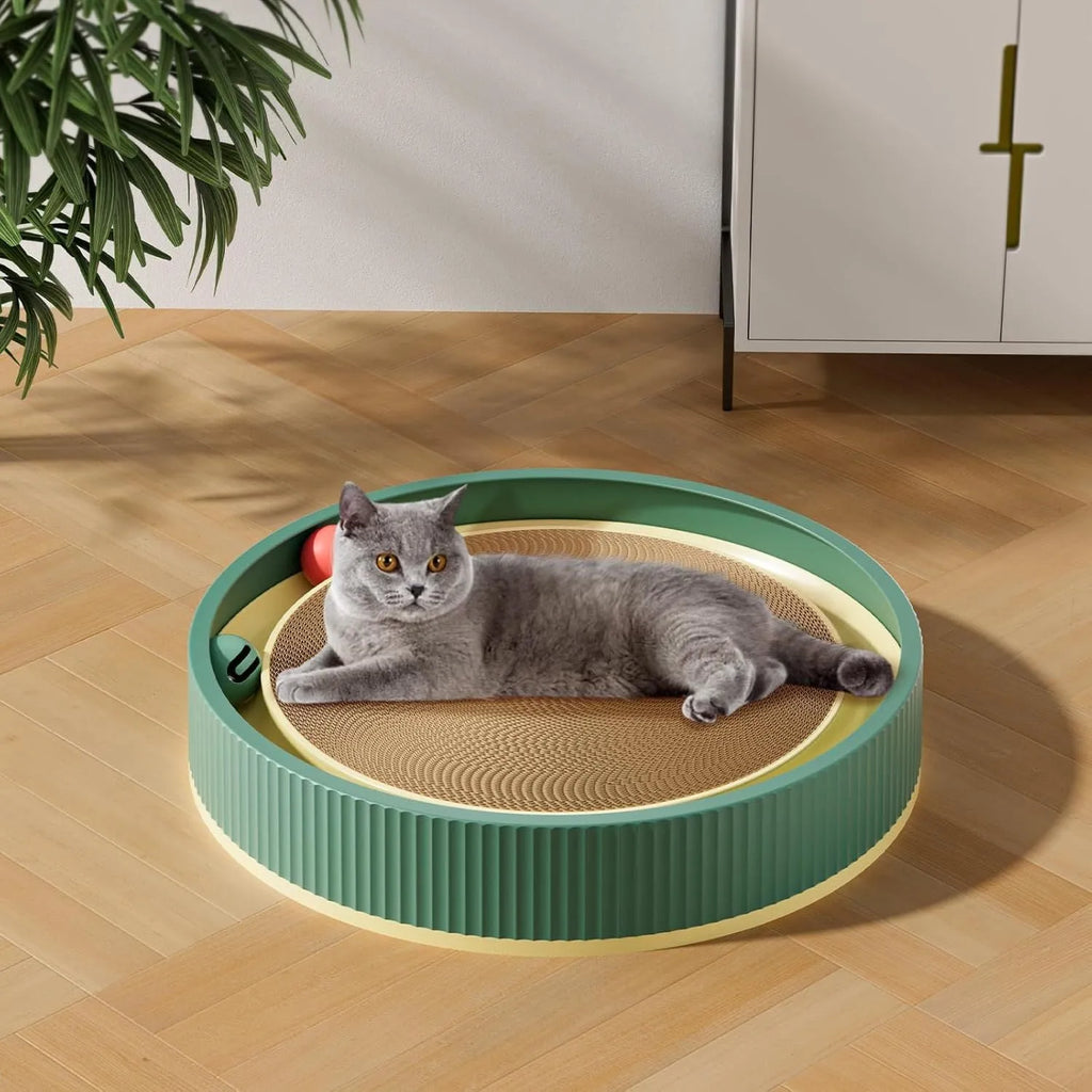 Large circular cat scratching board with interactive ball toys and replaceable cardboard core