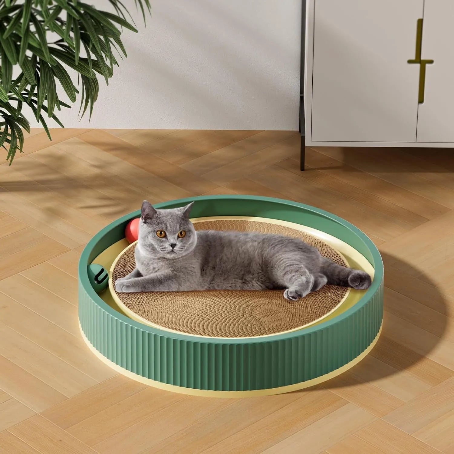 Large circular cat scratching board with interactive ball toys and replaceable cardboard core
