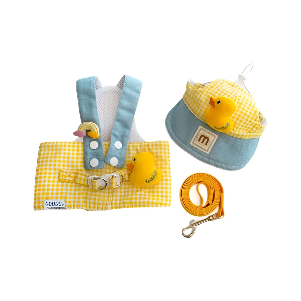 Pet harness and leash set with wire rope pulling components and cute hat cat clothes outfit