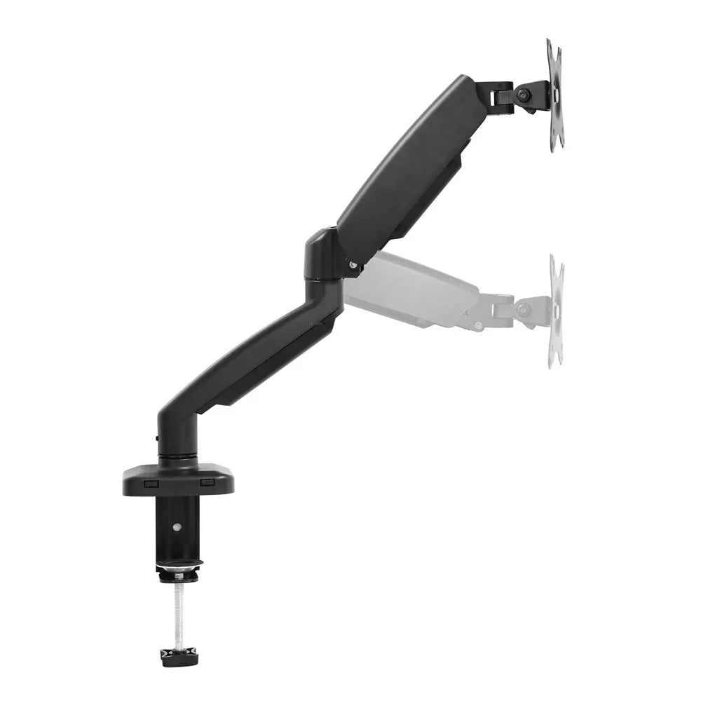 Black rotating telescopic bracket elevating an LCD screen on a desk