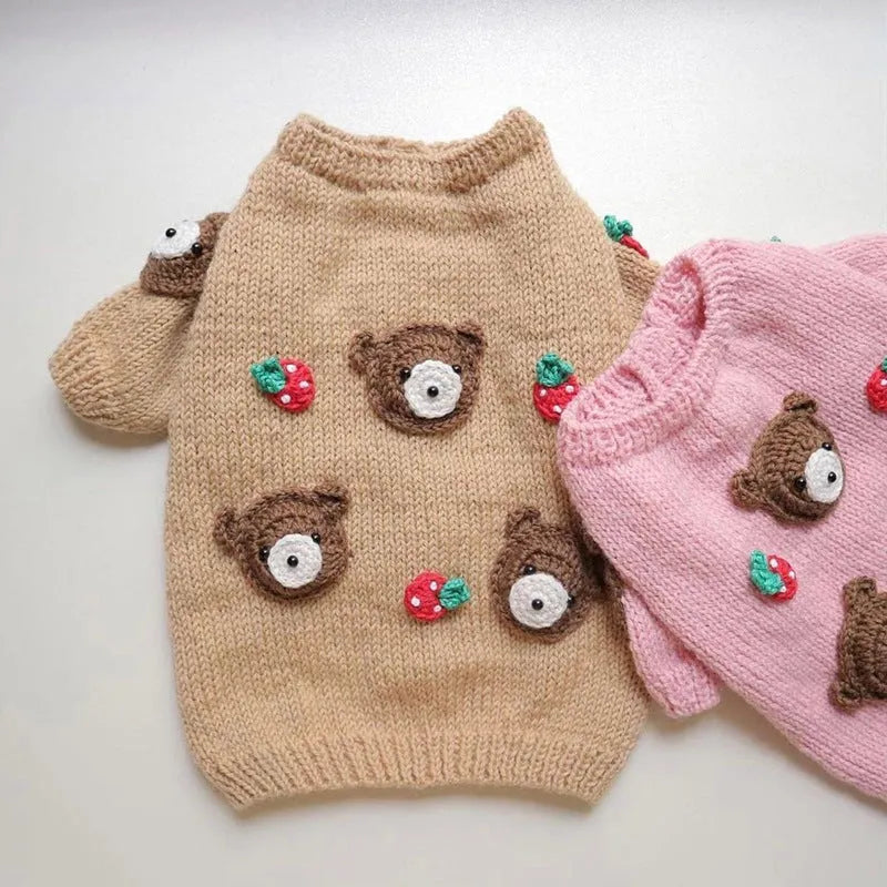 Short polyester pet sweater in snowman, brown bear, rabbit, pink chick, blue chick, and yellow cotton-padded jacket with hat, sizes XS to XL