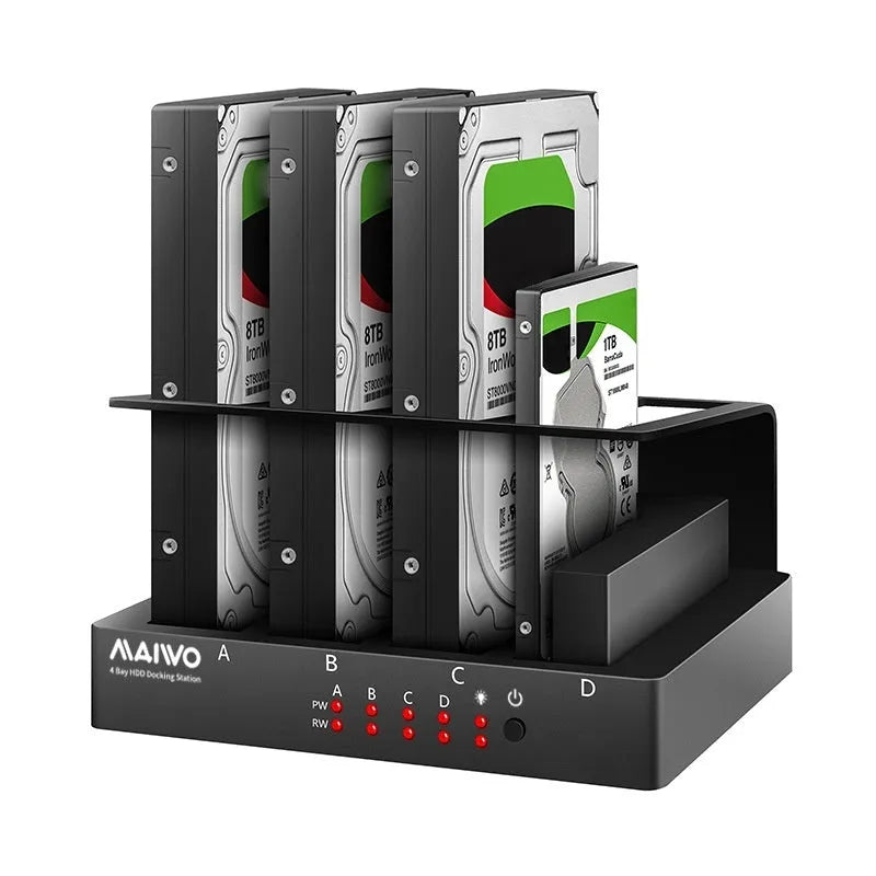 External four-bay hard drive expansion dock for 2.5 inch SATA drives with cables and brackets.