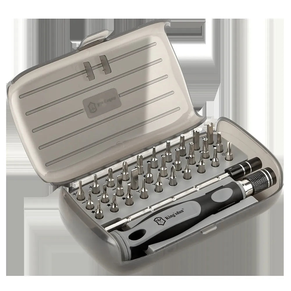 32 in 1 screwdriver set with 30 bits in a black plastic case, showing PH1 head and measuring 130mm long.