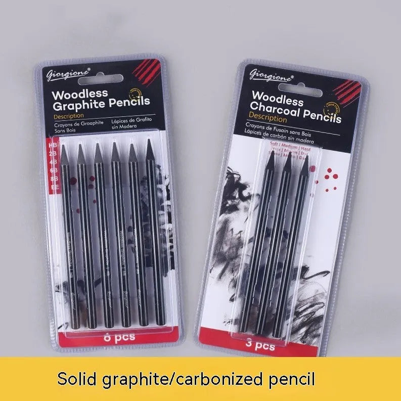 Graphite and carbonized pencil set showing six graphite pencils and three darker carbonized pencils on suction card packaging