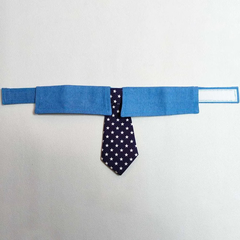 Denim dog collar with star pattern necktie in bow style, adjustable sizing for formal events