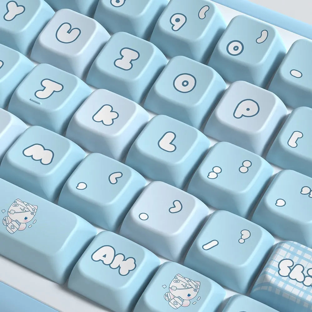 Custom watercolour kitten design keycap set for mechanical keyboards with opaque legends in boxed packaging