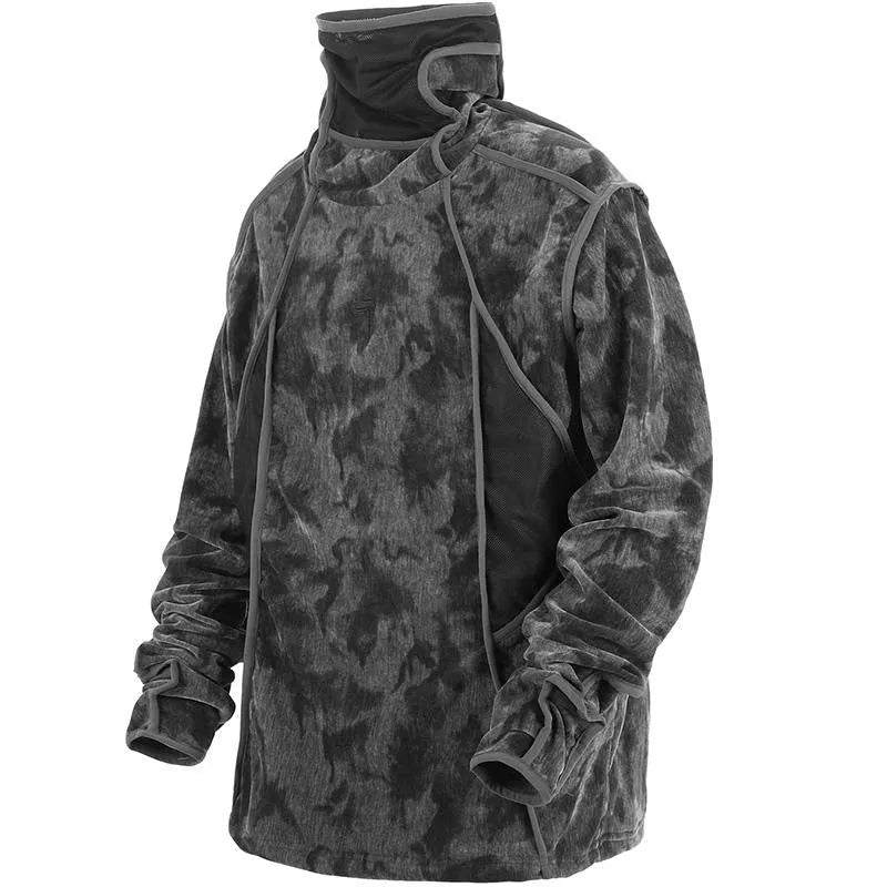 Men's black and grey tie dye pattern sweater with a finger turtleneck collar and drop shoulders.
