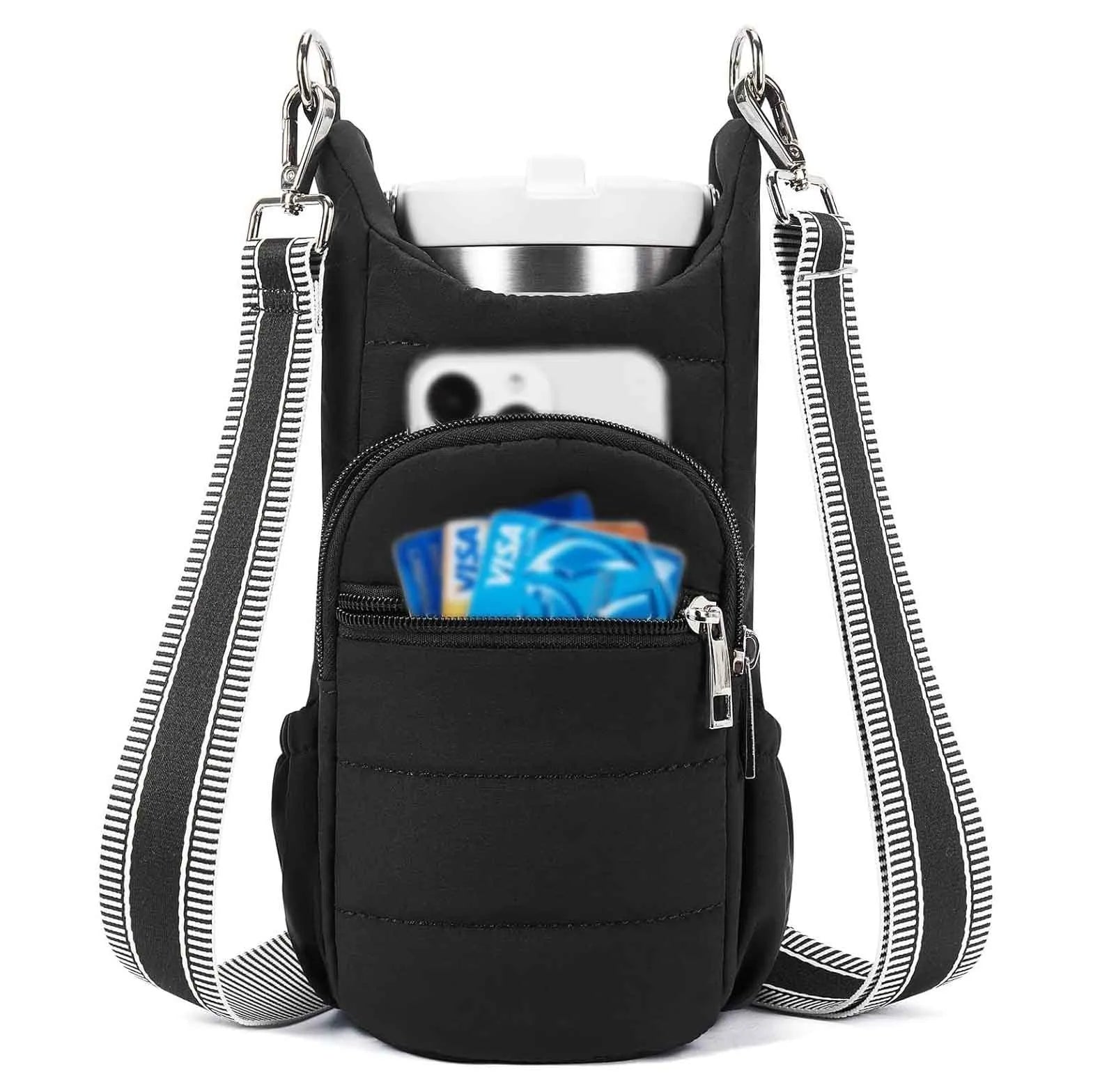 Cloth water bottle bag for bicycles in black, pink, or beige colours with modern simplicity design