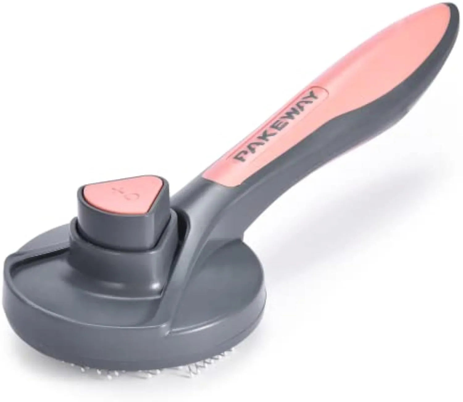Grey self-cleaning slicker brush for pets with a non-slip handle and one-touch cleaning button.
