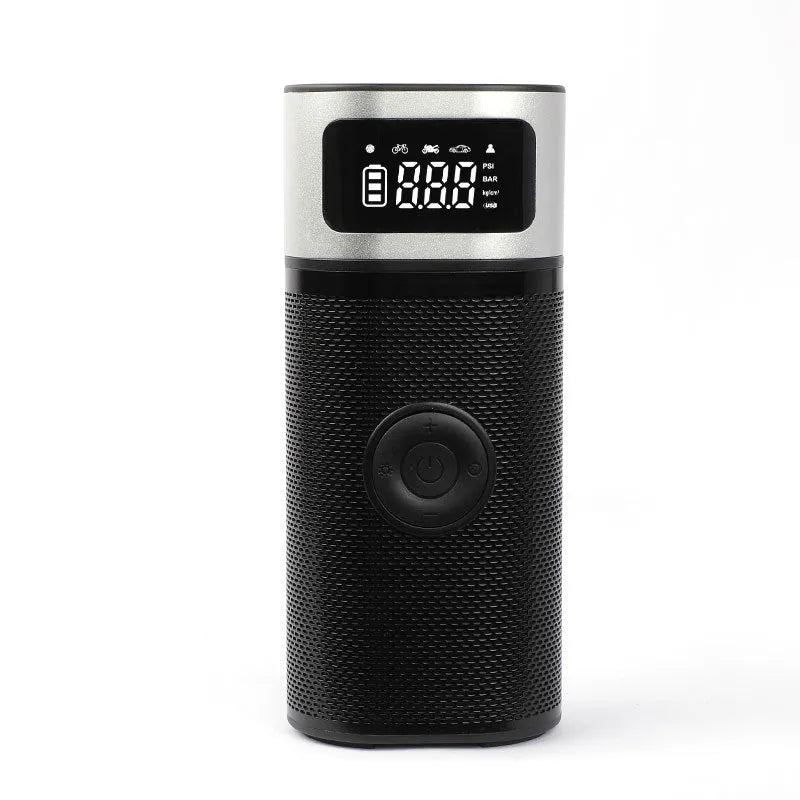 Black portable wireless vehicle air pump with 15cm tube, multiple nozzles, and USB charging cable