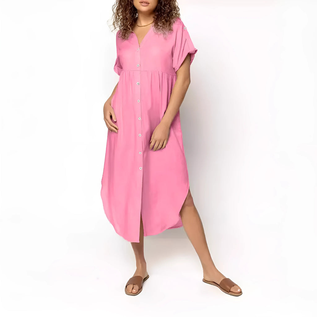 Women's loose casual button-front mid-length dress in solid colour on a hanger.