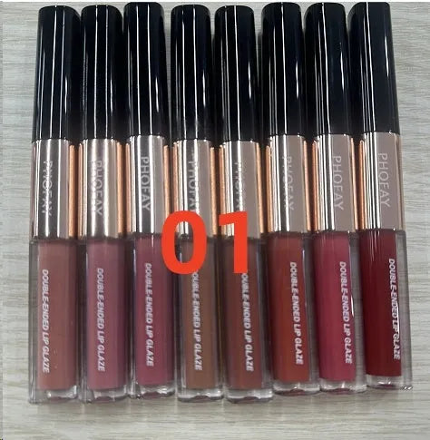 C-L021 Double-head Non-stick Cup Lip Gloss in assorted colours with dual applicator tips visible