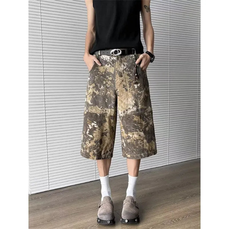 Yellow snake pattern camouflage cropped jeans with cotton denim construction