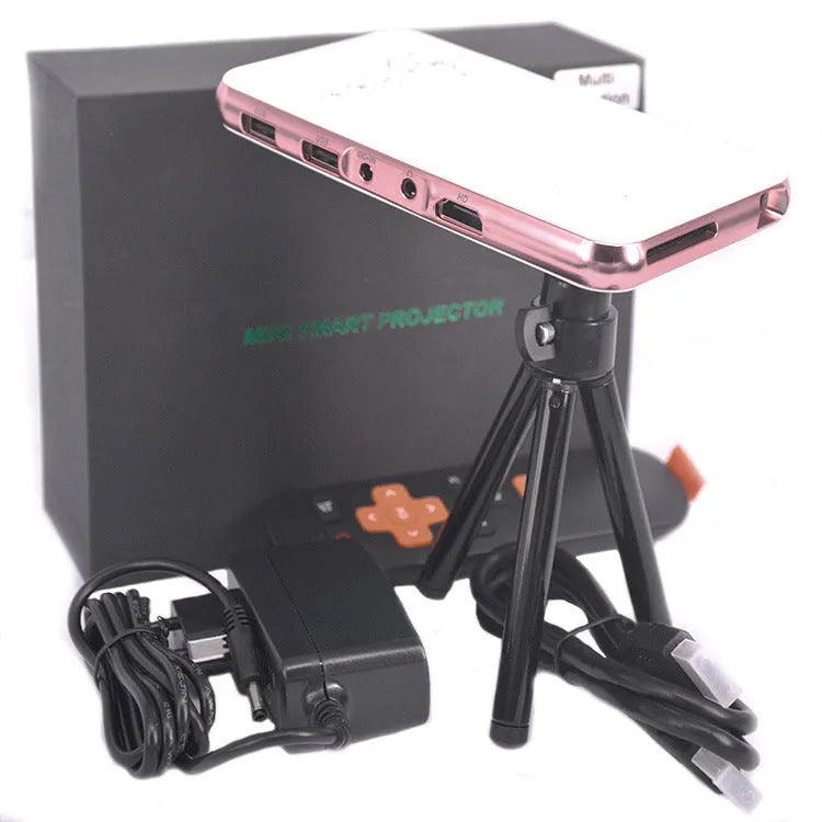 White rose gold miniature portable Android projector showing front view with lens and controls