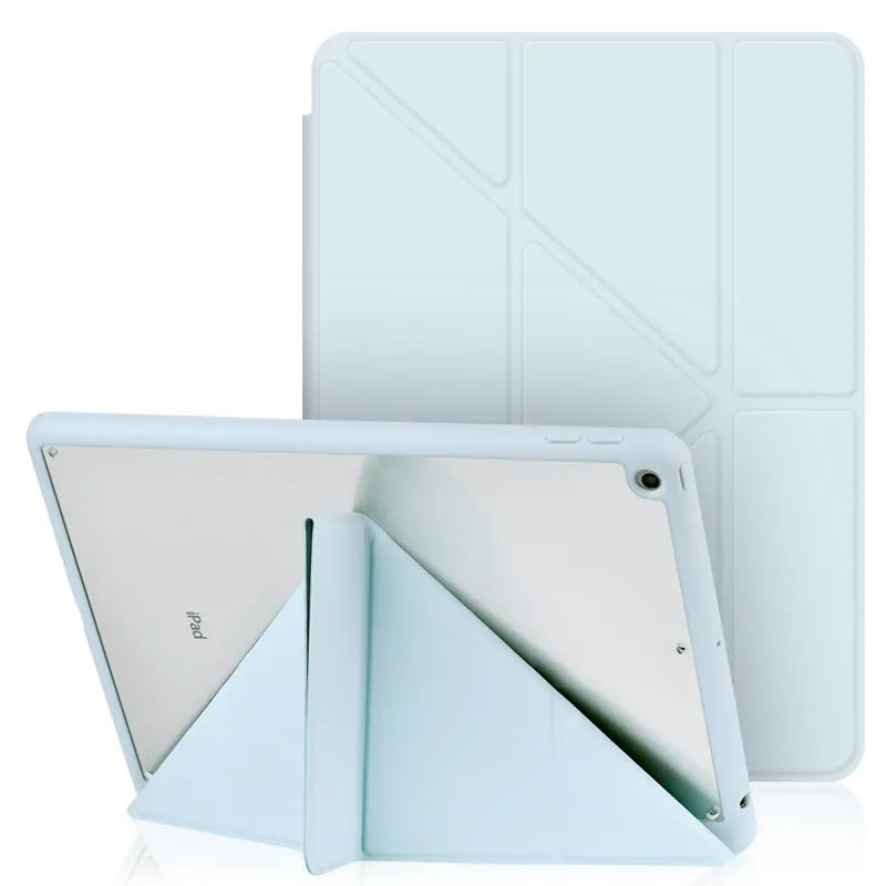 Imitation leather iPad case in grey, folded into a stand position, showing Apple Pencil slot on the side.
