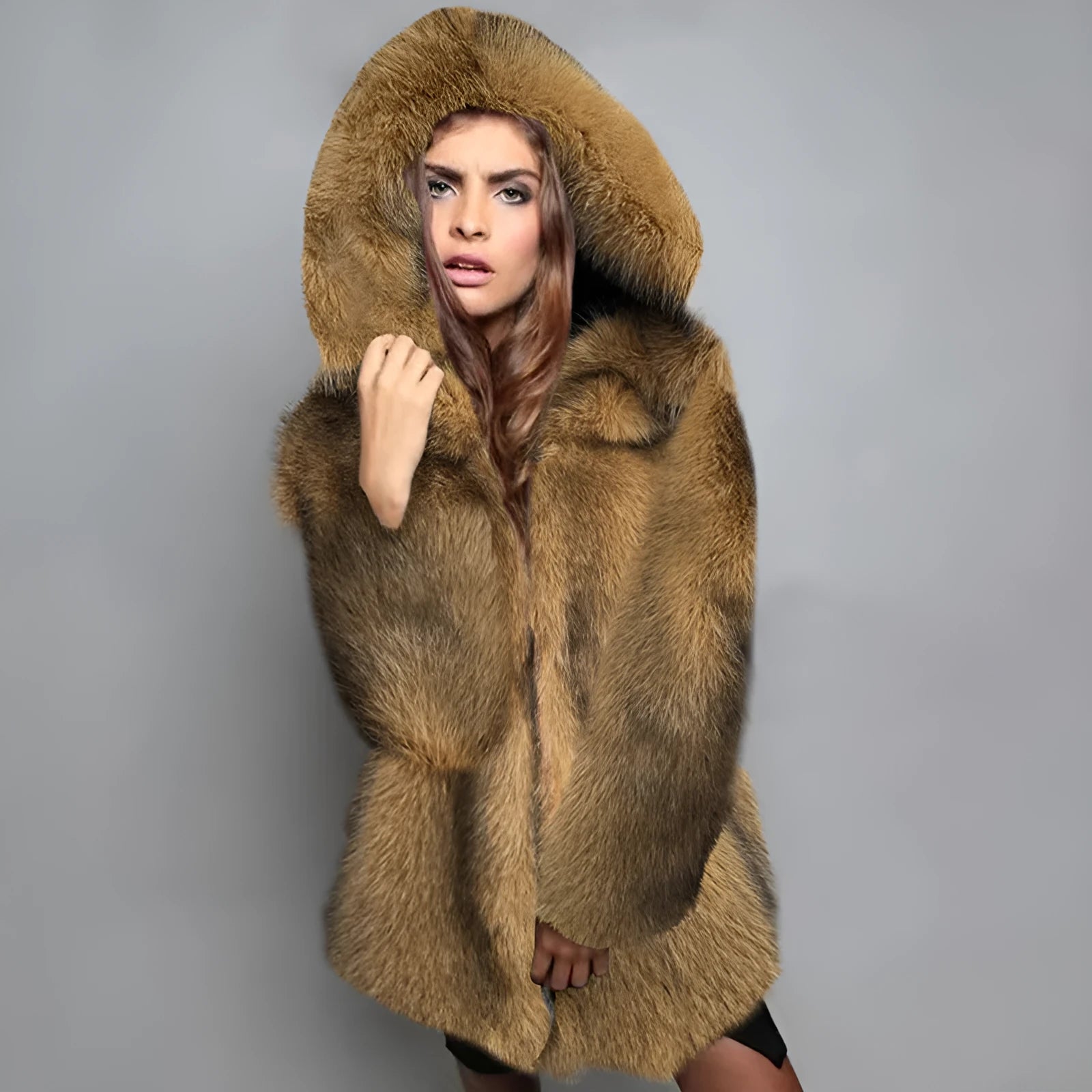 Women's silver grey artificial fur coat with medium-length loose design and regular sleeves