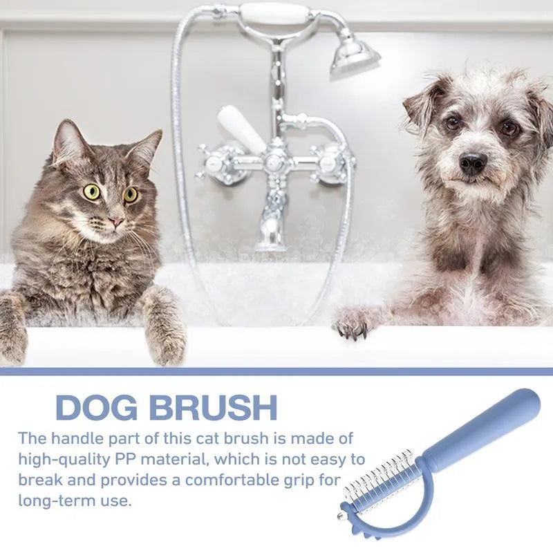 Blue dinosaur-shaped self-cleaning cat brush with double-sided grooming head