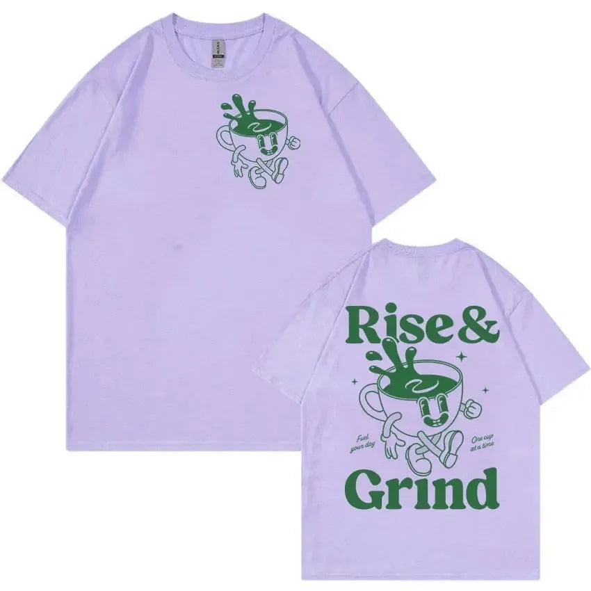 Loose fit linen T-shirt with Rise And Grind green coffee bag cartoon print, shown in multiple colours.