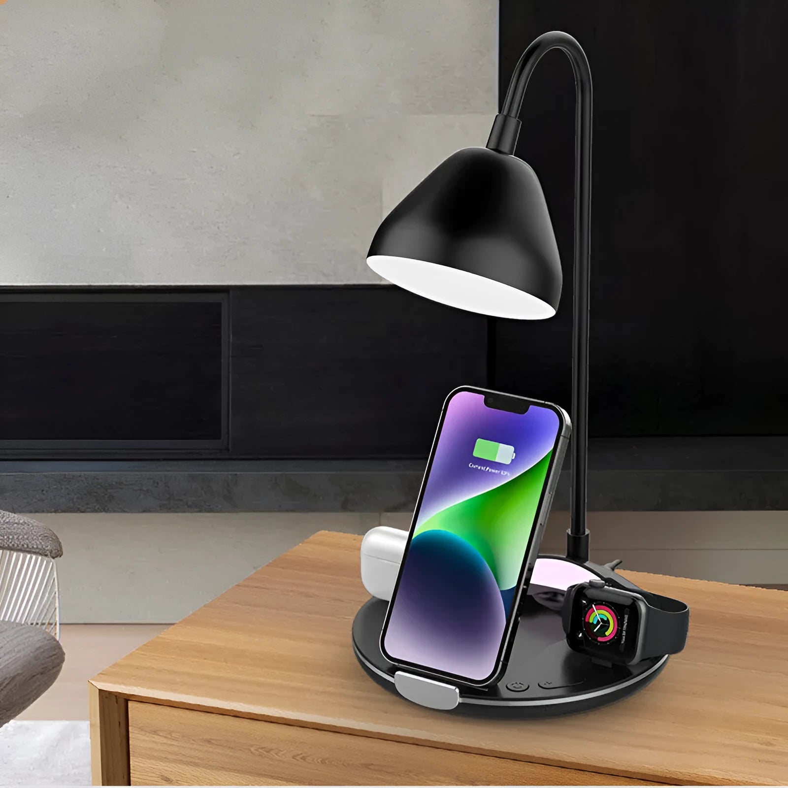 Black and white magnetic folding wireless charger with aluminium frame in tri-fold adjustable positions
