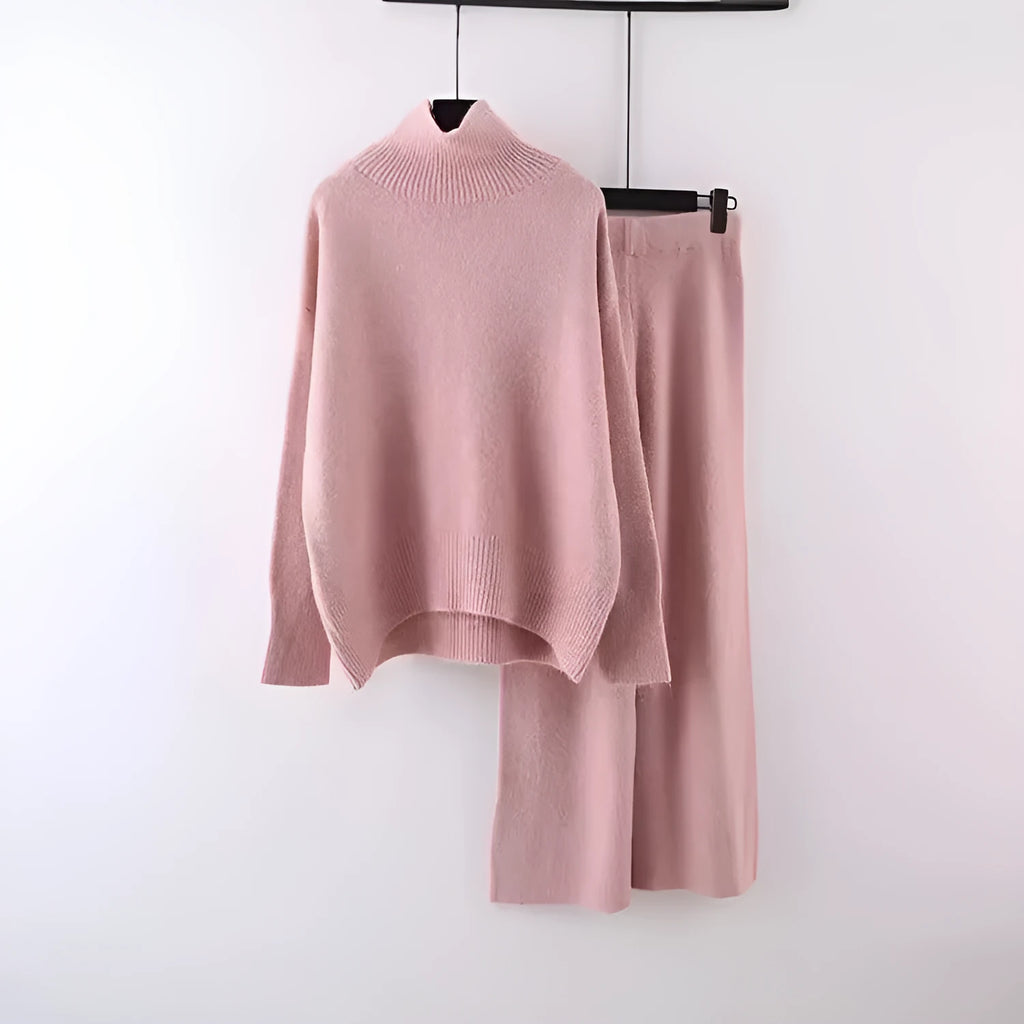 Women's casual acrylic fibre sweater and wide leg pants two-piece set in a solid colour.