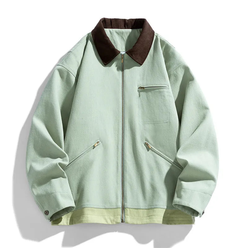 Men's Korean style retro workwear jacket with contrast lapels and side pockets