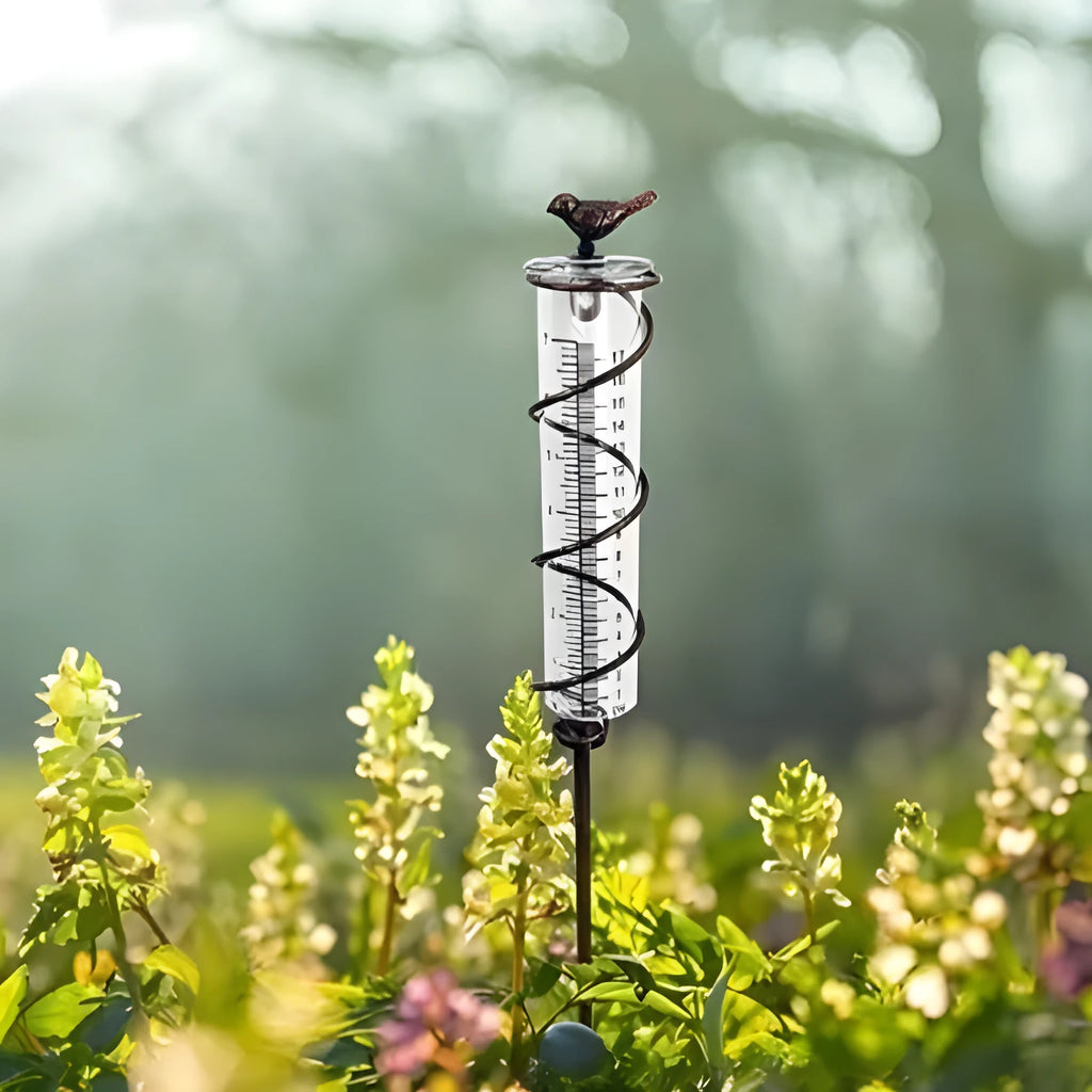 Hummingbird 01 cast iron garden rain gauge with measurement scale